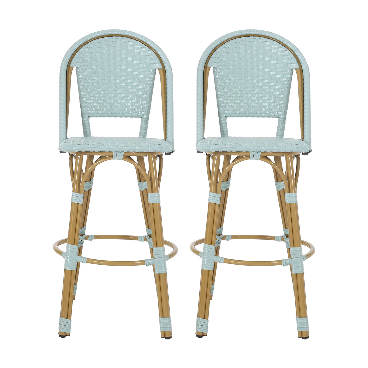 29.5" PE Rattan Aluminum Bar Stools, Set of 2, Light Teal U3008