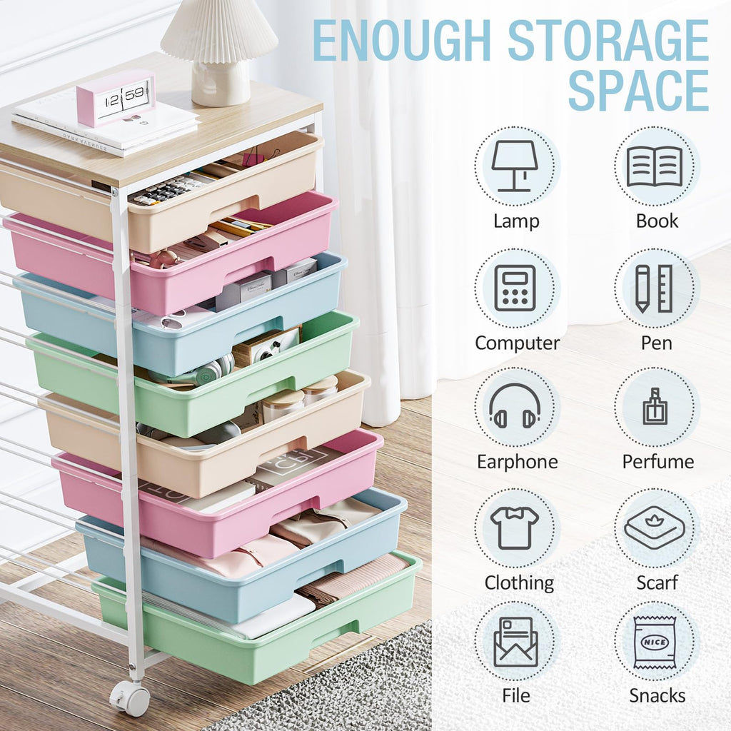 Rolling Storage Cart with 8 Drawers and Wooden Tabletop P45099