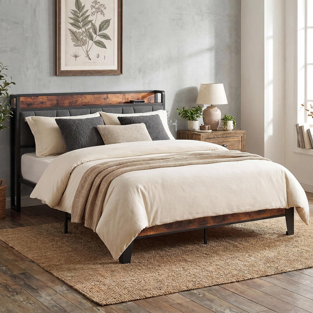 Queen Size Bed Frame with Storage Headboard and Charging Station E731018
