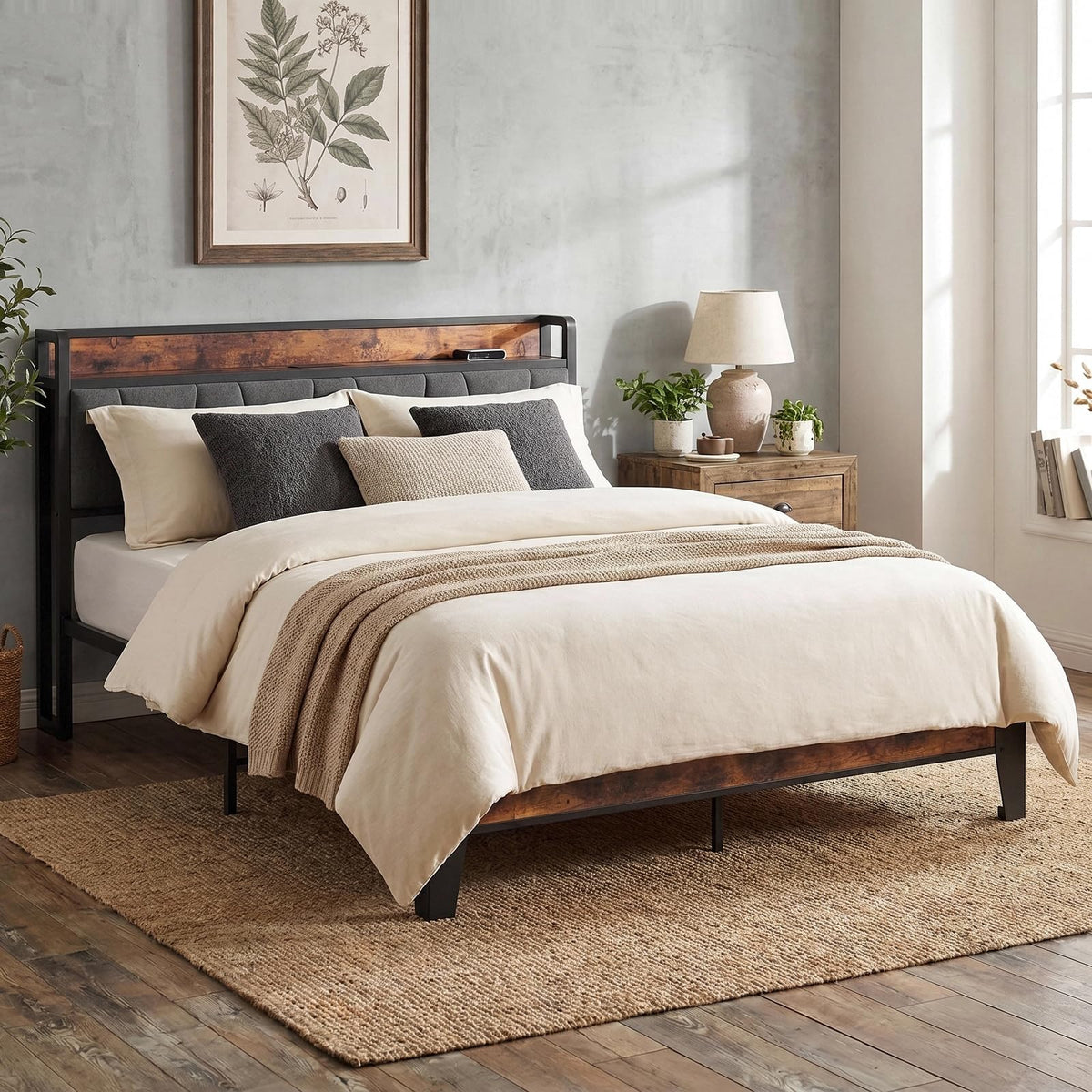 Queen Size Bed Frame with Storage Headboard and Charging Station E731018