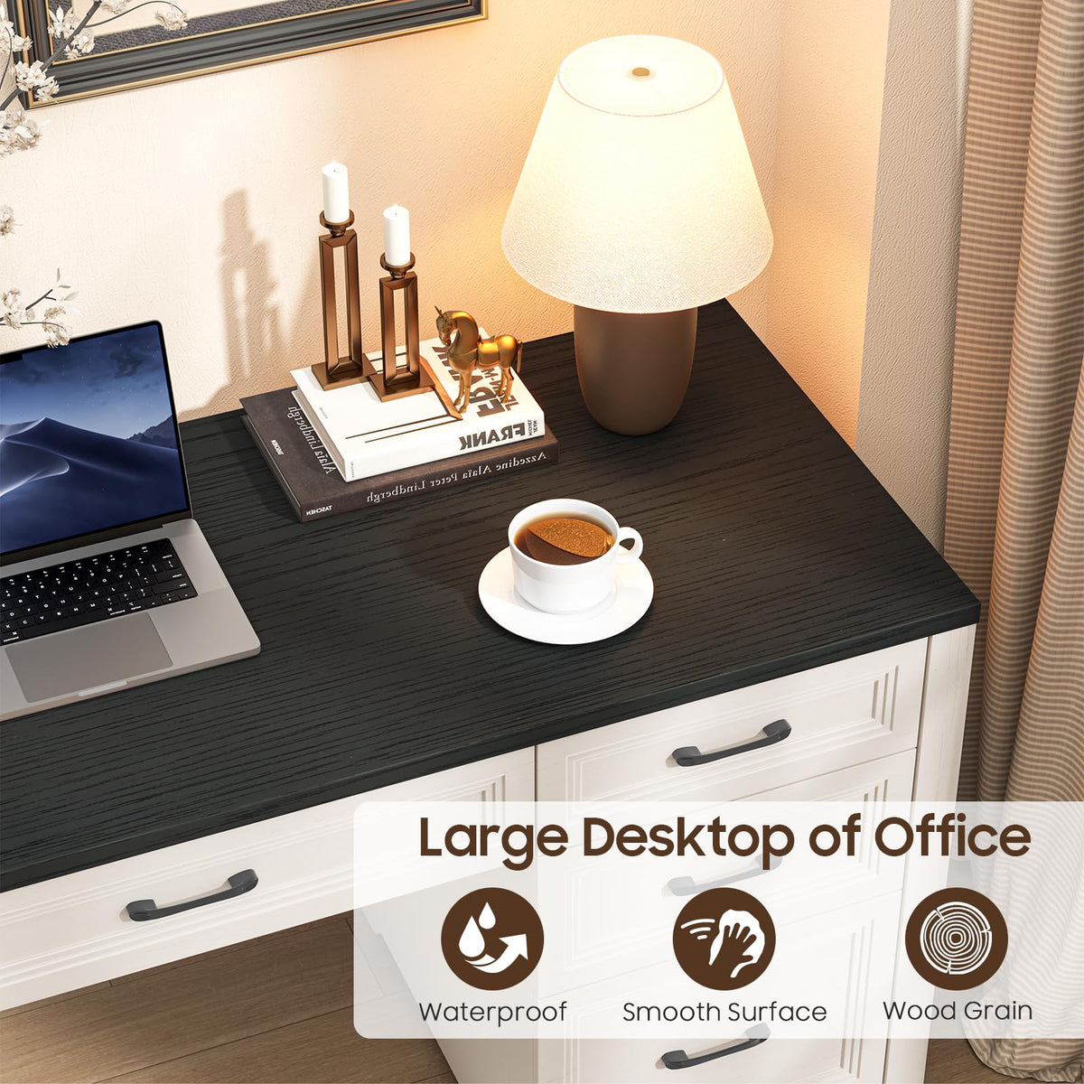 Black Wood Executive Desk with 2 File Drawers and 5 Storage Cabinets S939