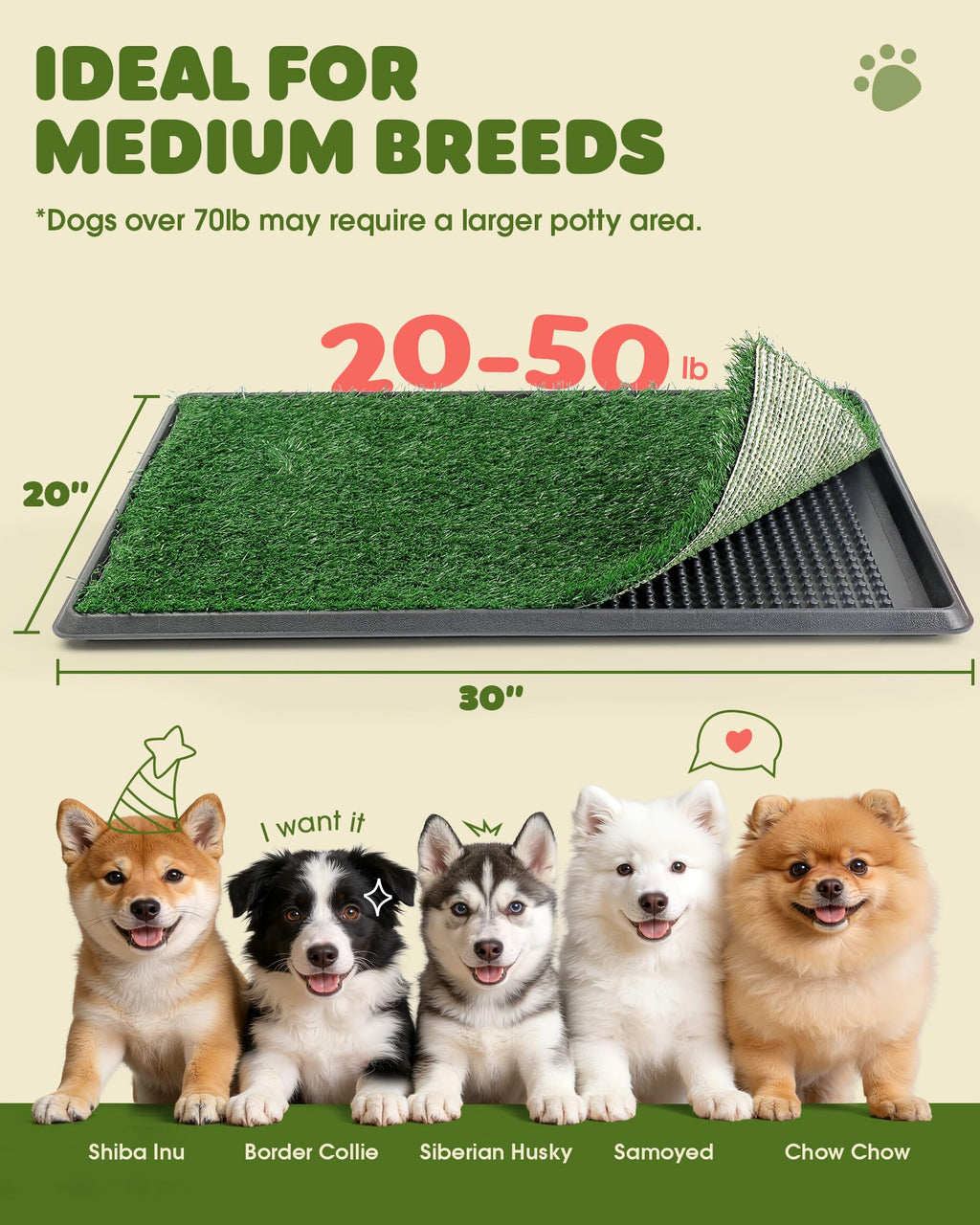 Grass Pad for Dogs Potty, 3-Layer Reusable, Washable, 30 x 20 in H271