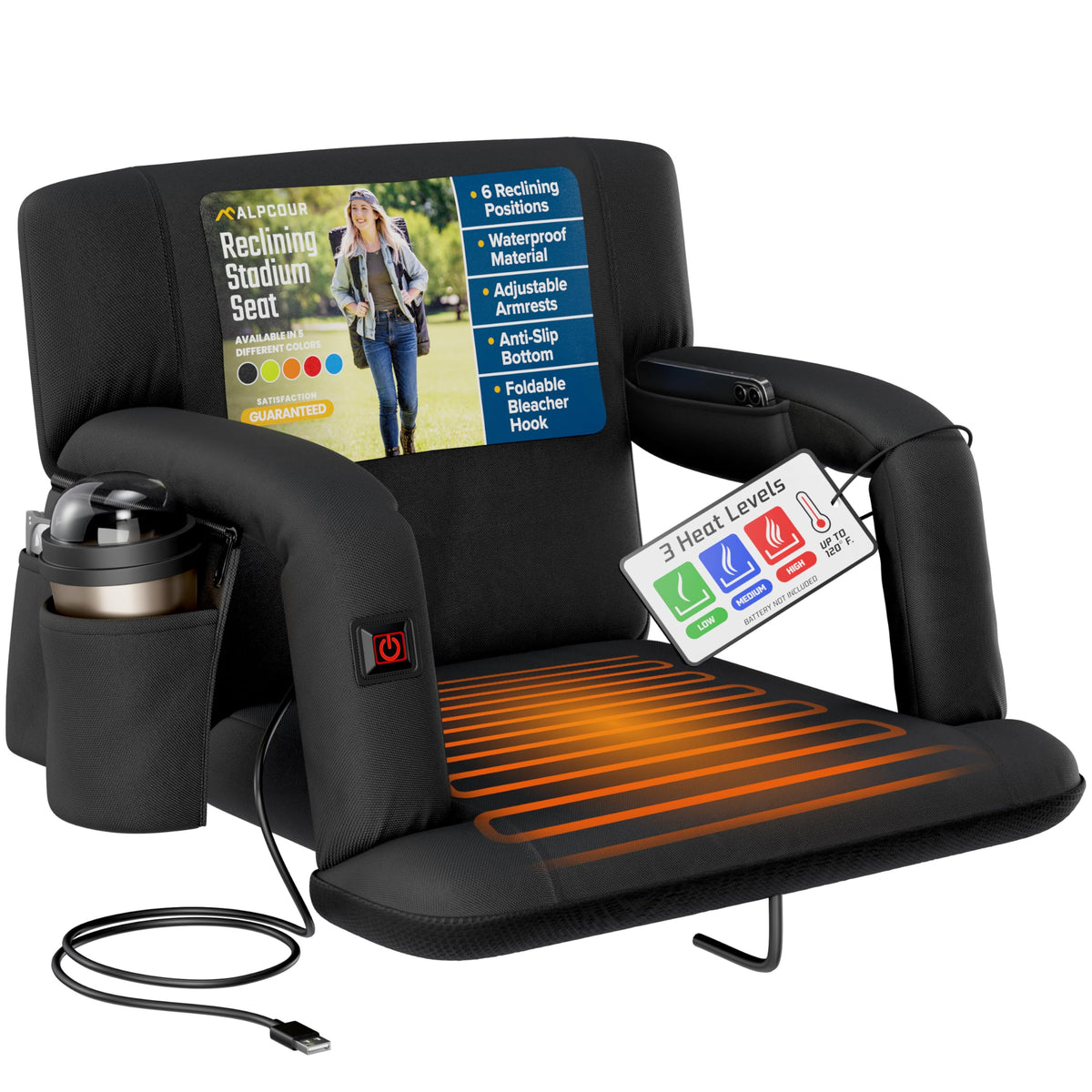 Heated Reclining Stadium Seat with Back Support and Cushion E7678