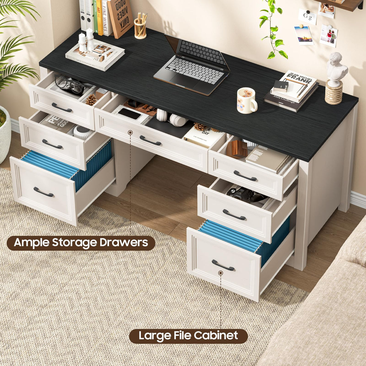 Black Wood Executive Desk with 2 File Drawers and 5 Storage Cabinets S939