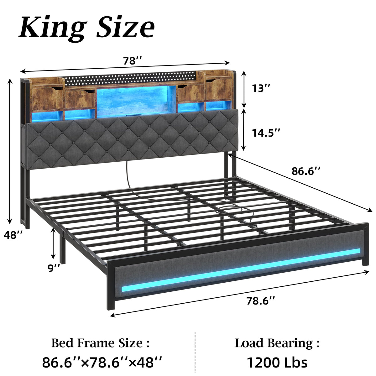 King Size Bed Frame with Storage Bookcase Headboard Z7544