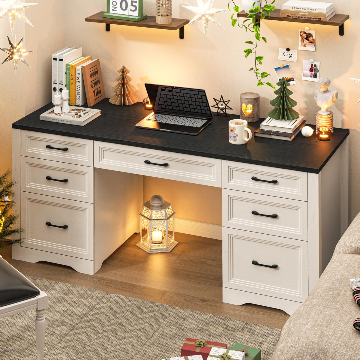 Black Wood Executive Desk with 2 File Drawers and 5 Storage Cabinets S939