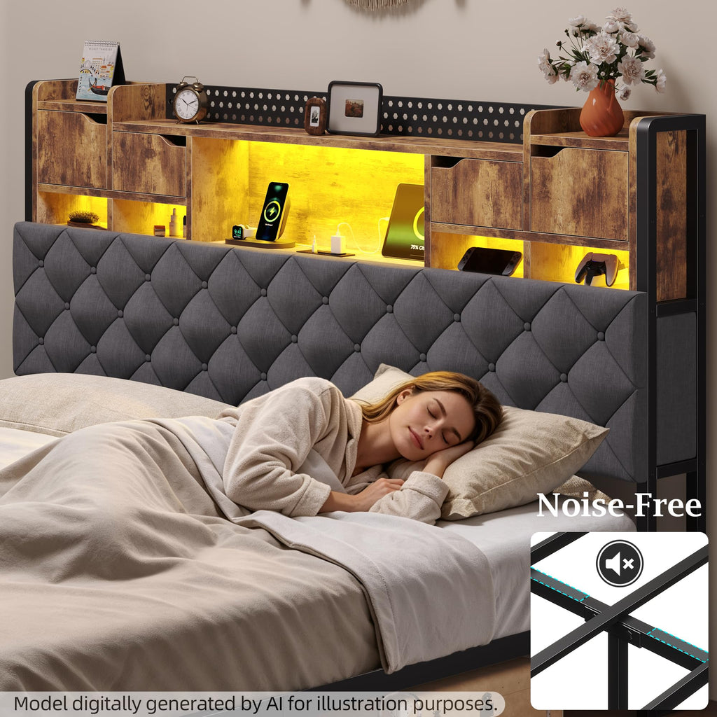 King Size Bed Frame with Storage Bookcase Headboard Z7544