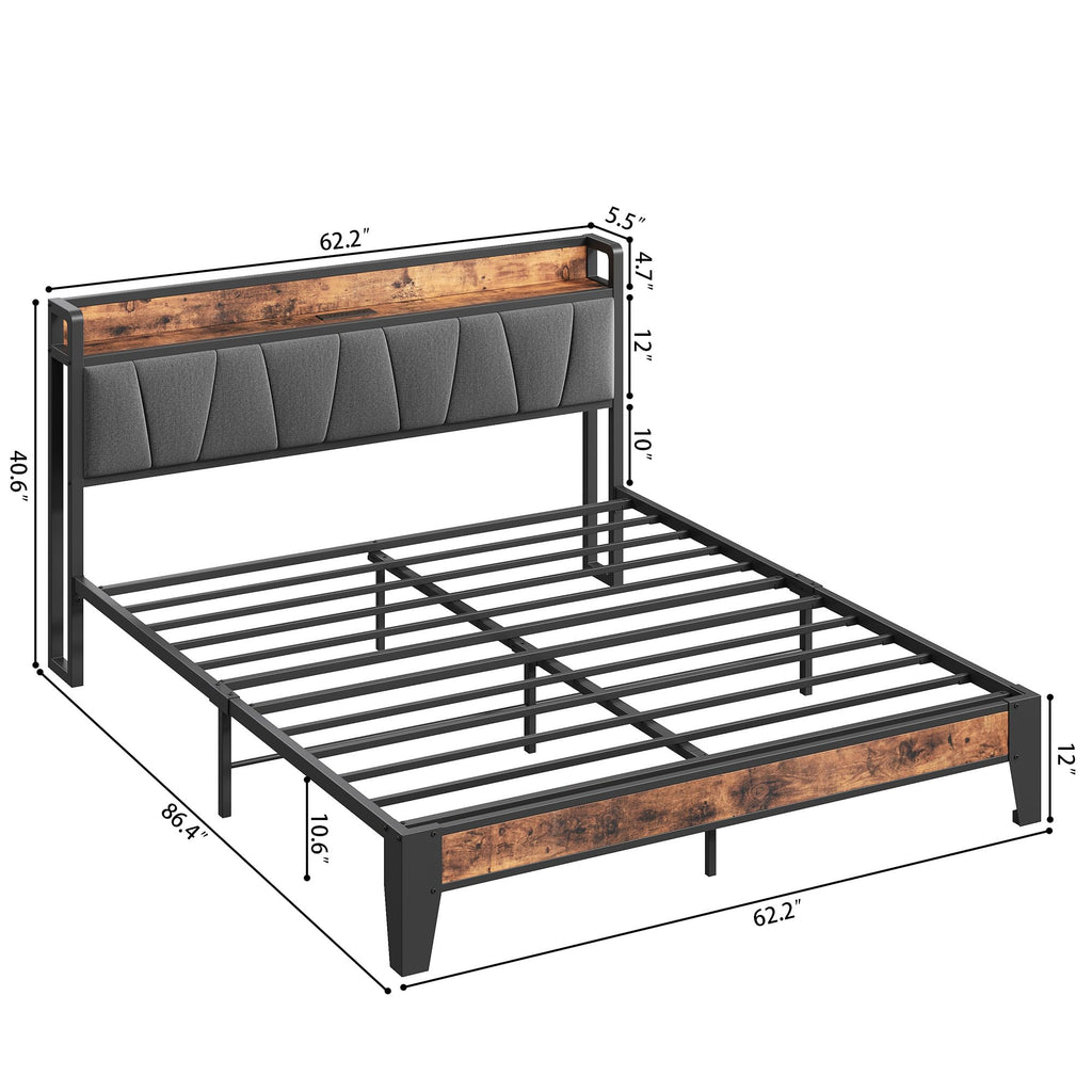 Queen Size Bed Frame with Storage Headboard and Charging Station E731018