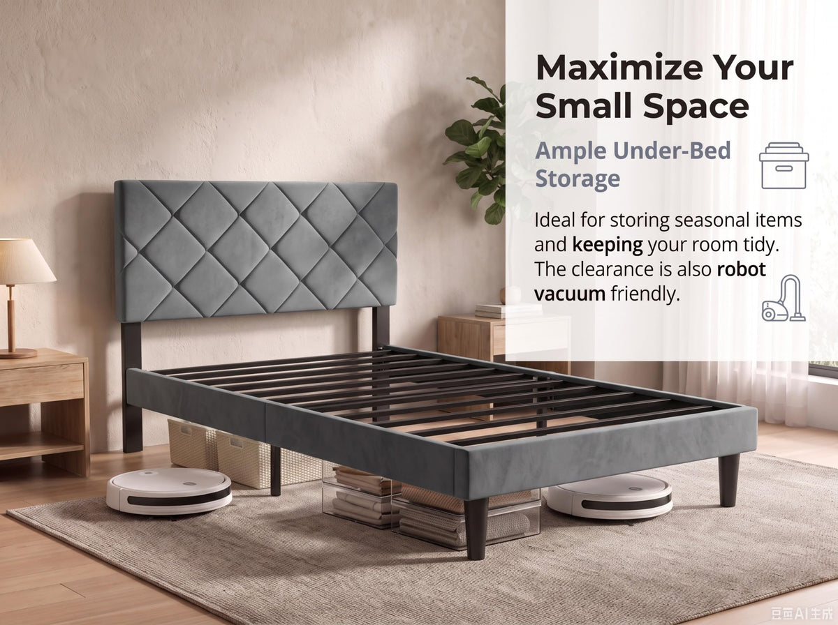Twin Size Velvet Upholstered Platform Bed Frame with Adjustable Headboard G4904