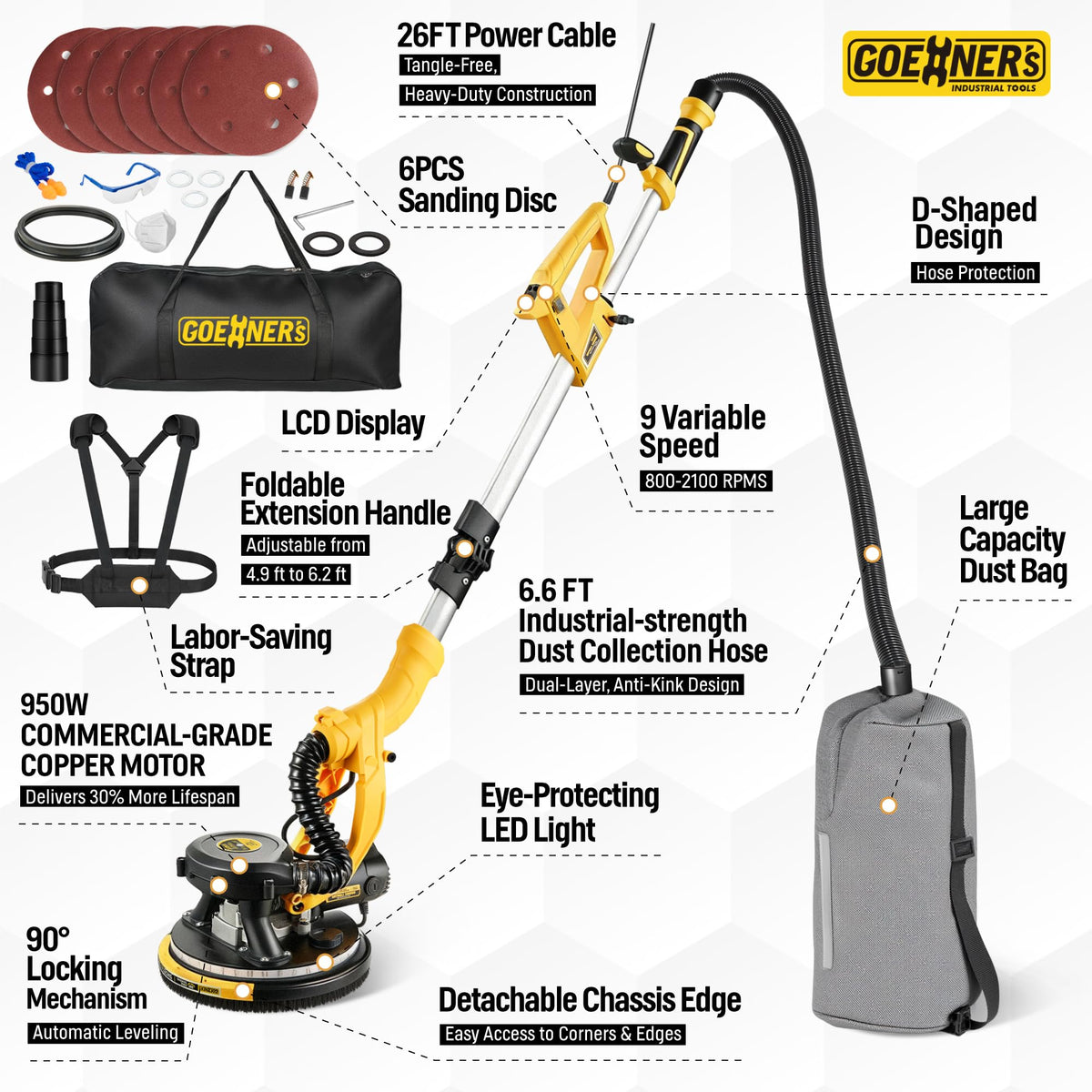 950W Electric Drywall Sander with Vacuum Dust Collector B6752