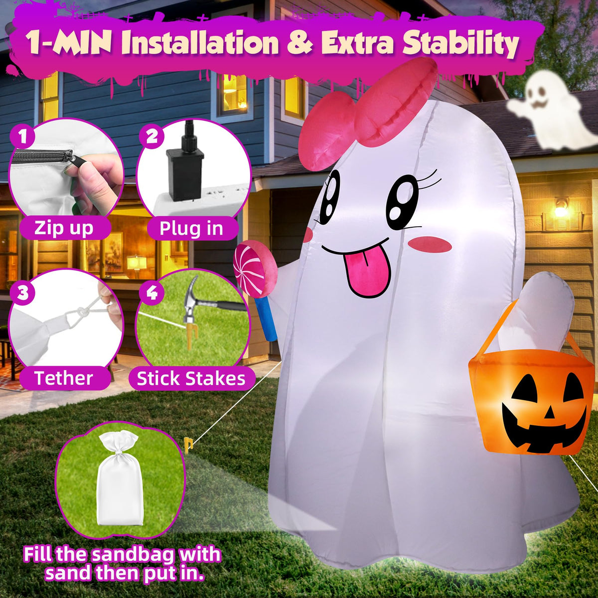 5FT Halloween Inflatables Ghost with Built-in LED Lights R878085
