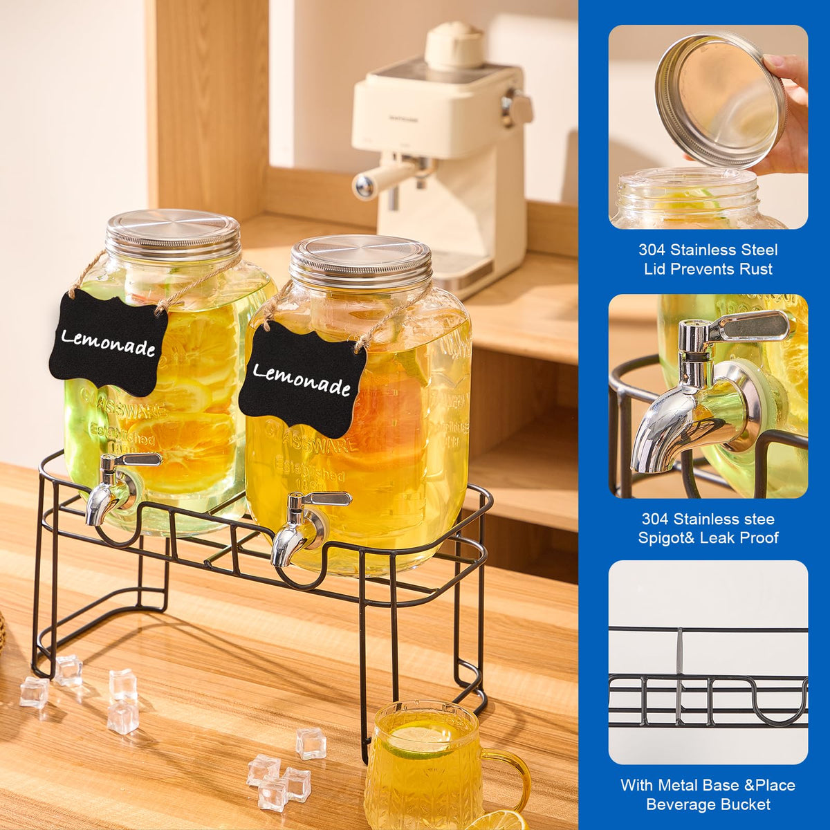 1 Gallon Glass Drink Dispenser with Stand, 2 Pack R99904