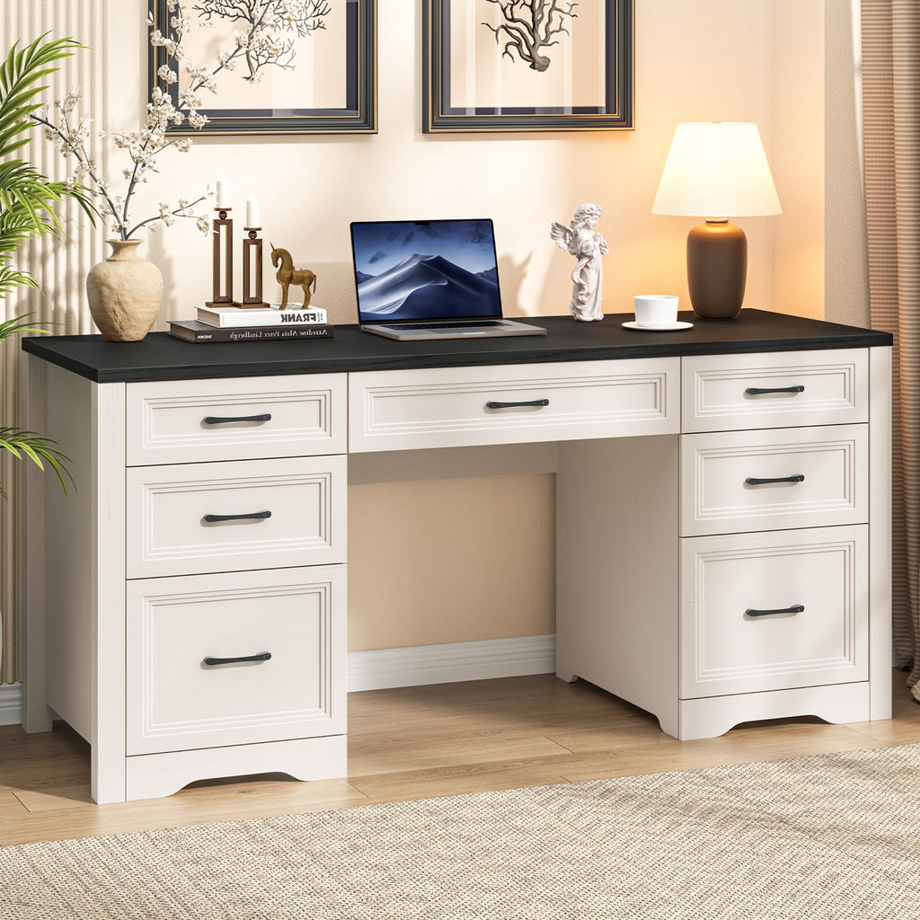 Black Wood Executive Desk with 2 File Drawers and 5 Storage Cabinets S939
