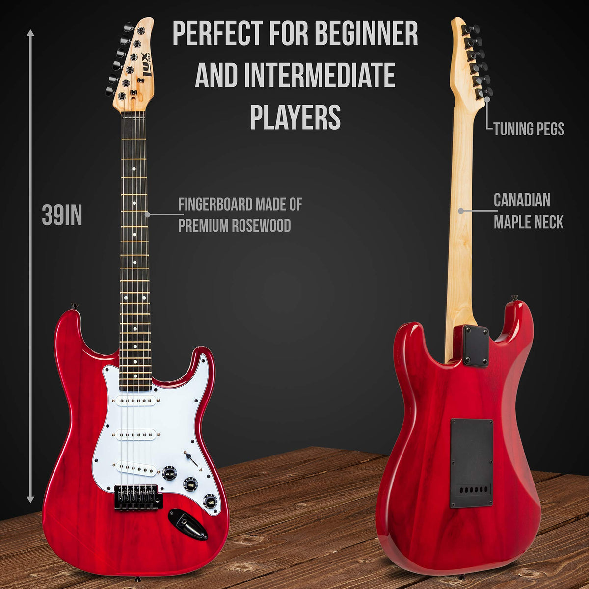 39” Electric Guitar Kit with Amp Cable, 6 Picks, Solid Wood Body, Red E356
