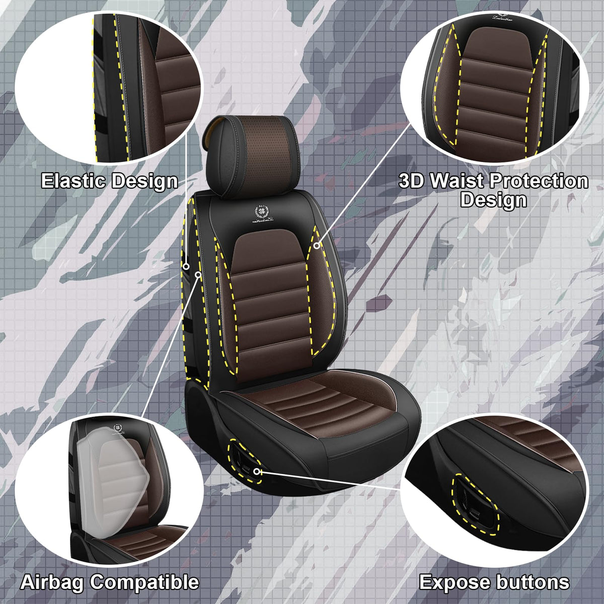 Full Set Car Seat Covers, Waterproof Seat Protectors, Standard 5 Seats, Black & Coffee M5832