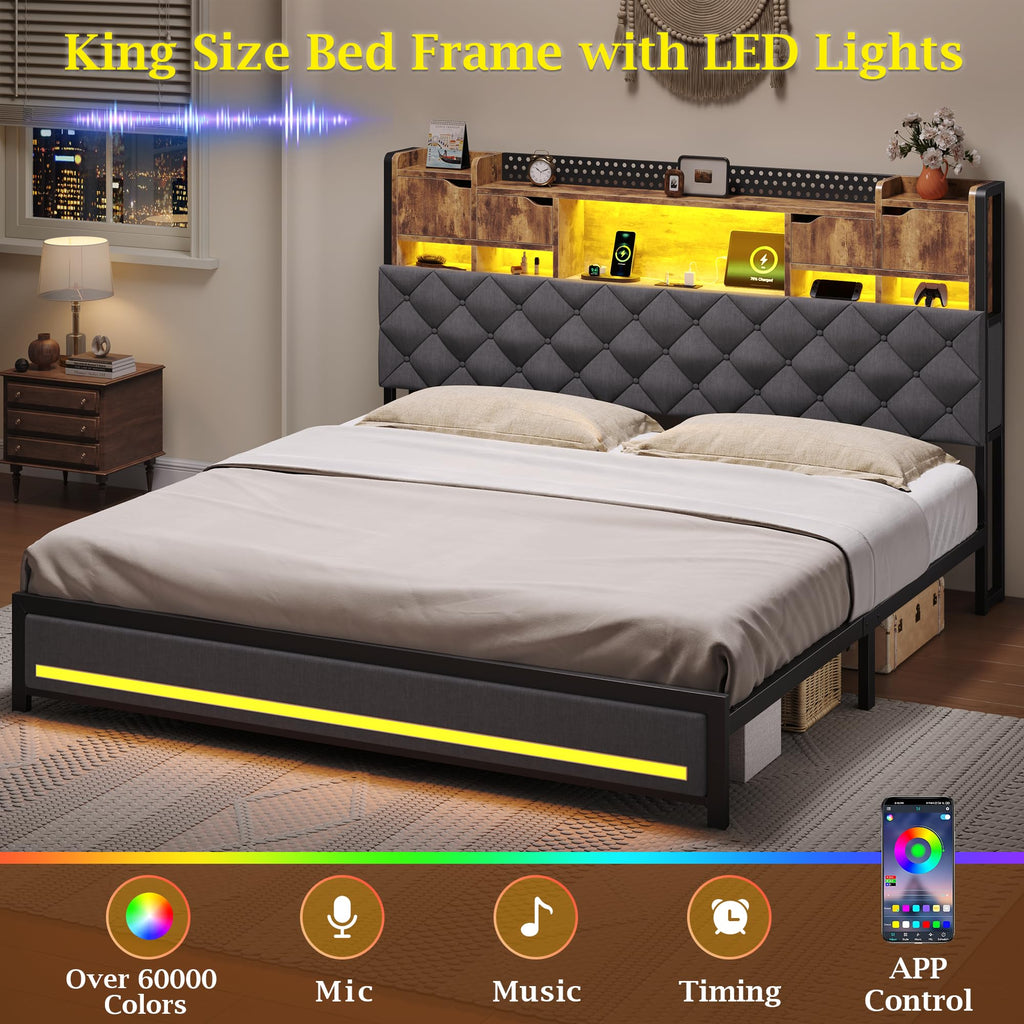 King Size Bed Frame with Storage Bookcase Headboard Z7544