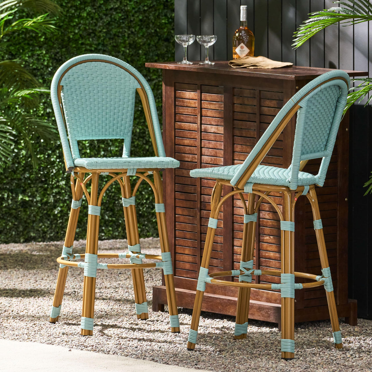 29.5" PE Rattan Aluminum Bar Stools, Set of 2, Light Teal U3008