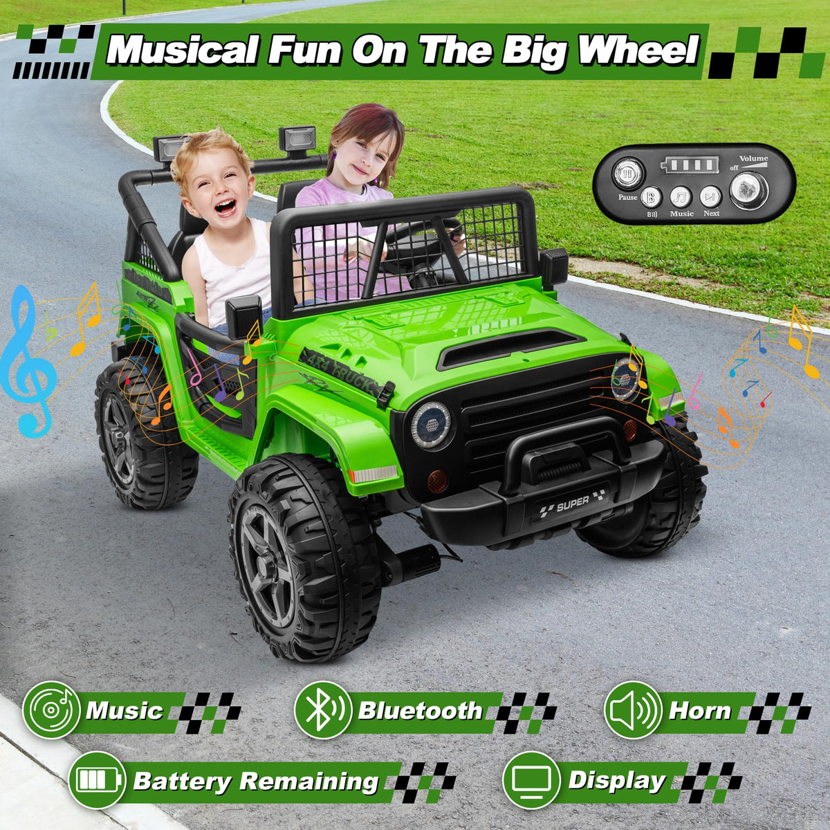 24V Ride on Car with Remote Control, 2 Seater 4WD/2WD Truck, Green X58992