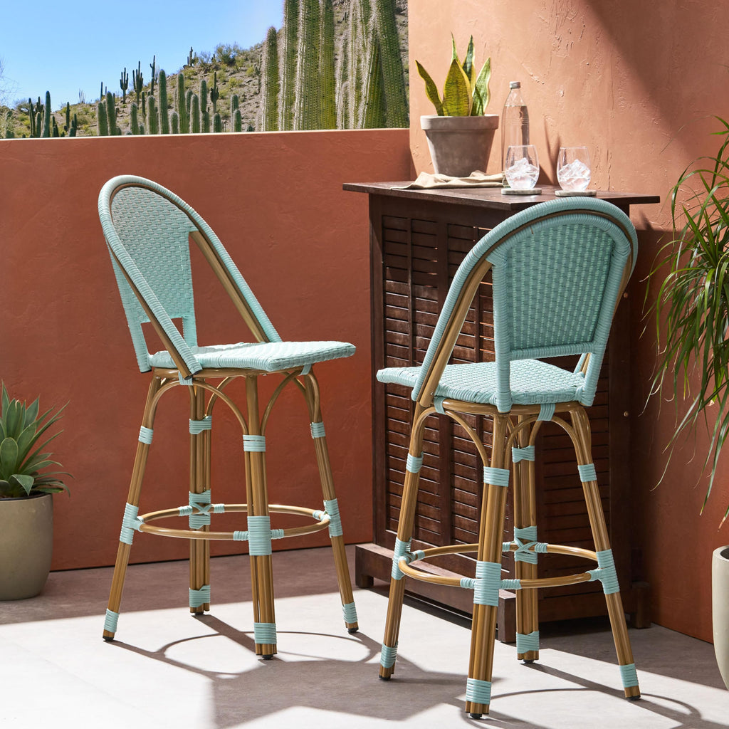 29.5" PE Rattan Aluminum Bar Stools, Set of 2, Light Teal U3008