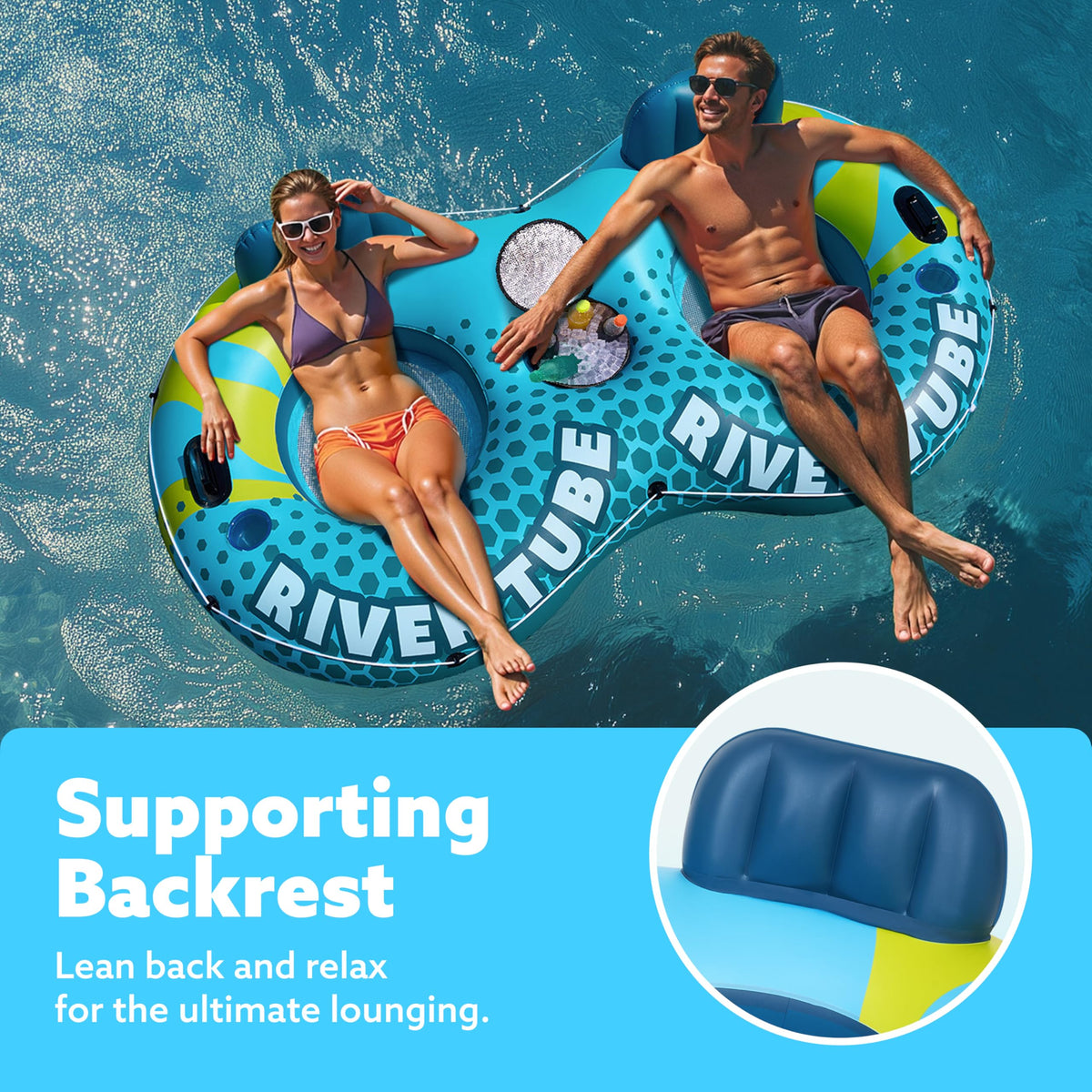 2-Person Inflatable River Tube with 2 Cup Holders & Removable Cooler C649