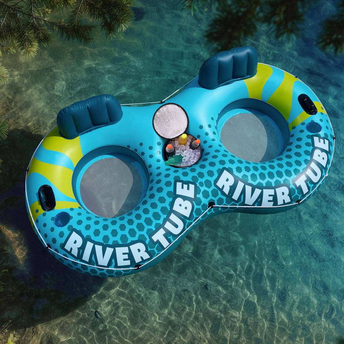 2-Person Inflatable River Tube with 2 Cup Holders & Removable Cooler C649