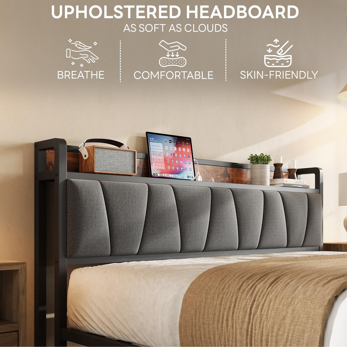 Queen Size Bed Frame with Storage Headboard and Charging Station E731018