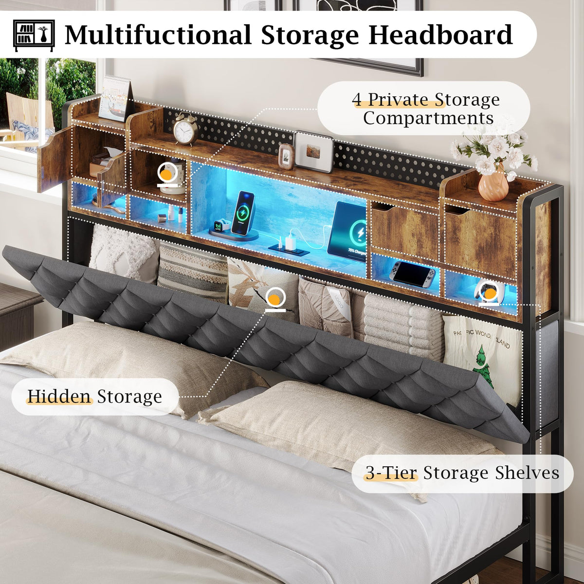 King Size Bed Frame with Storage Bookcase Headboard Z7544
