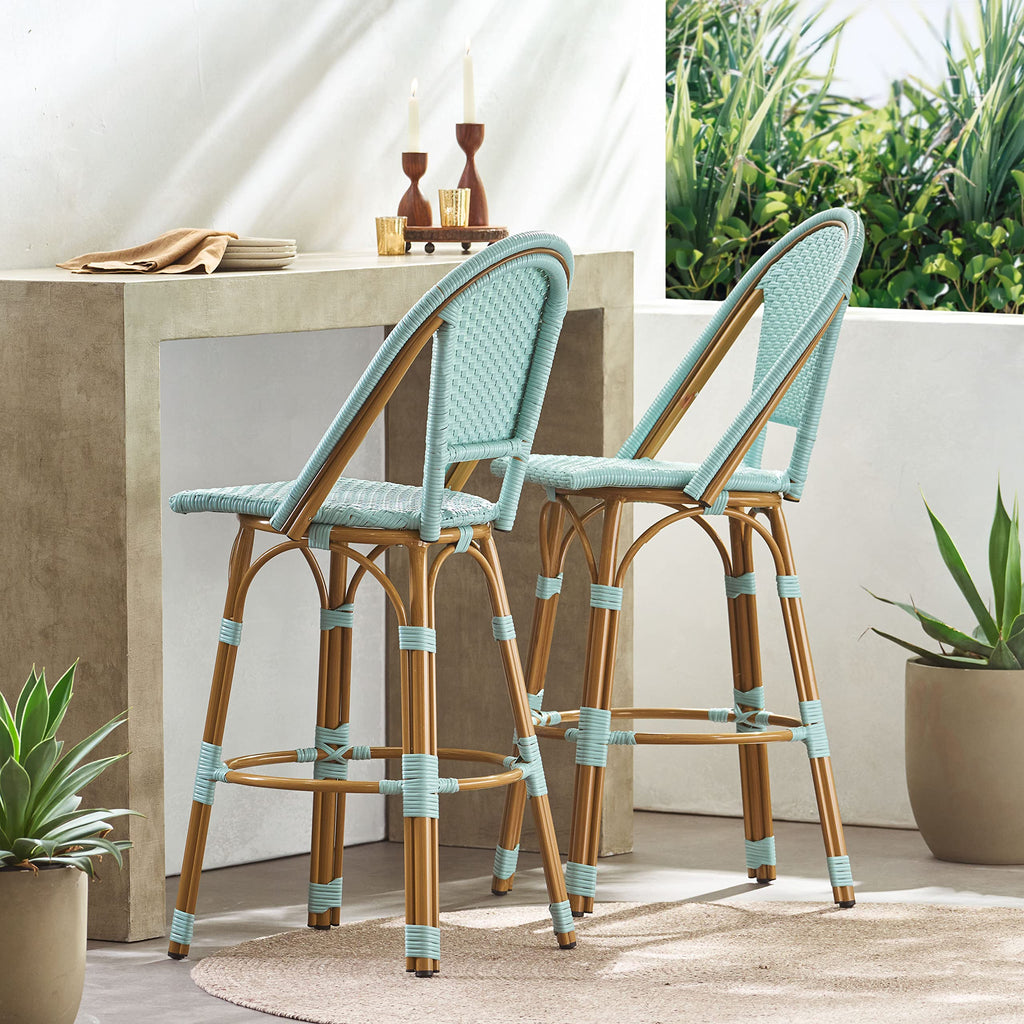 29.5" PE Rattan Aluminum Bar Stools, Set of 2, Light Teal U3008