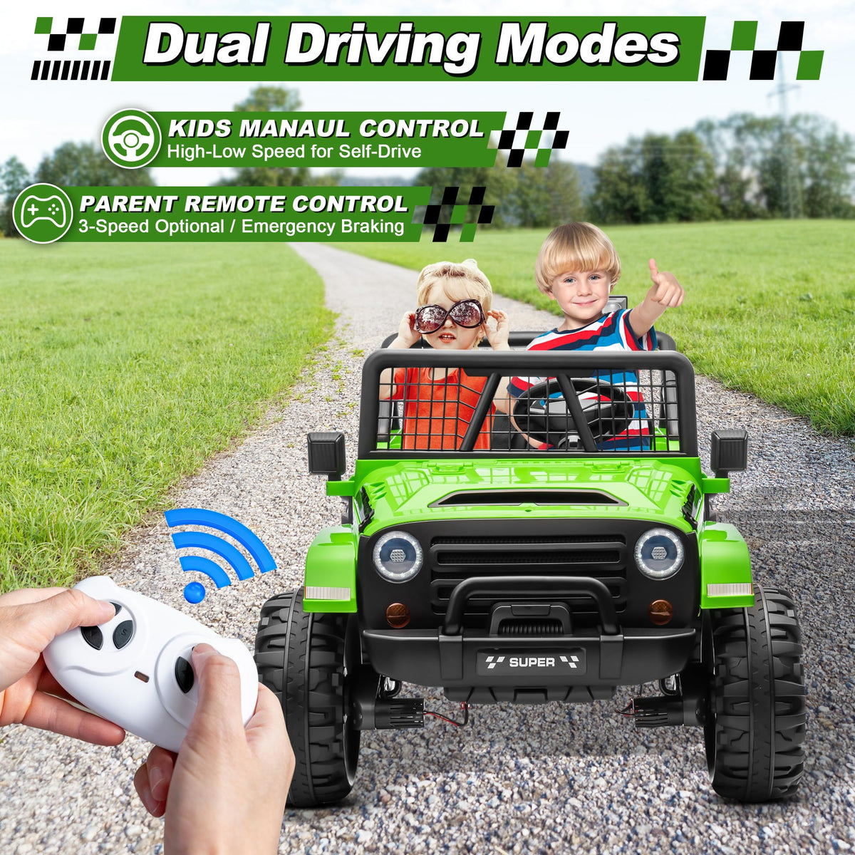 24V Ride on Car with Remote Control, 2 Seater 4WD/2WD Truck, Green X58992