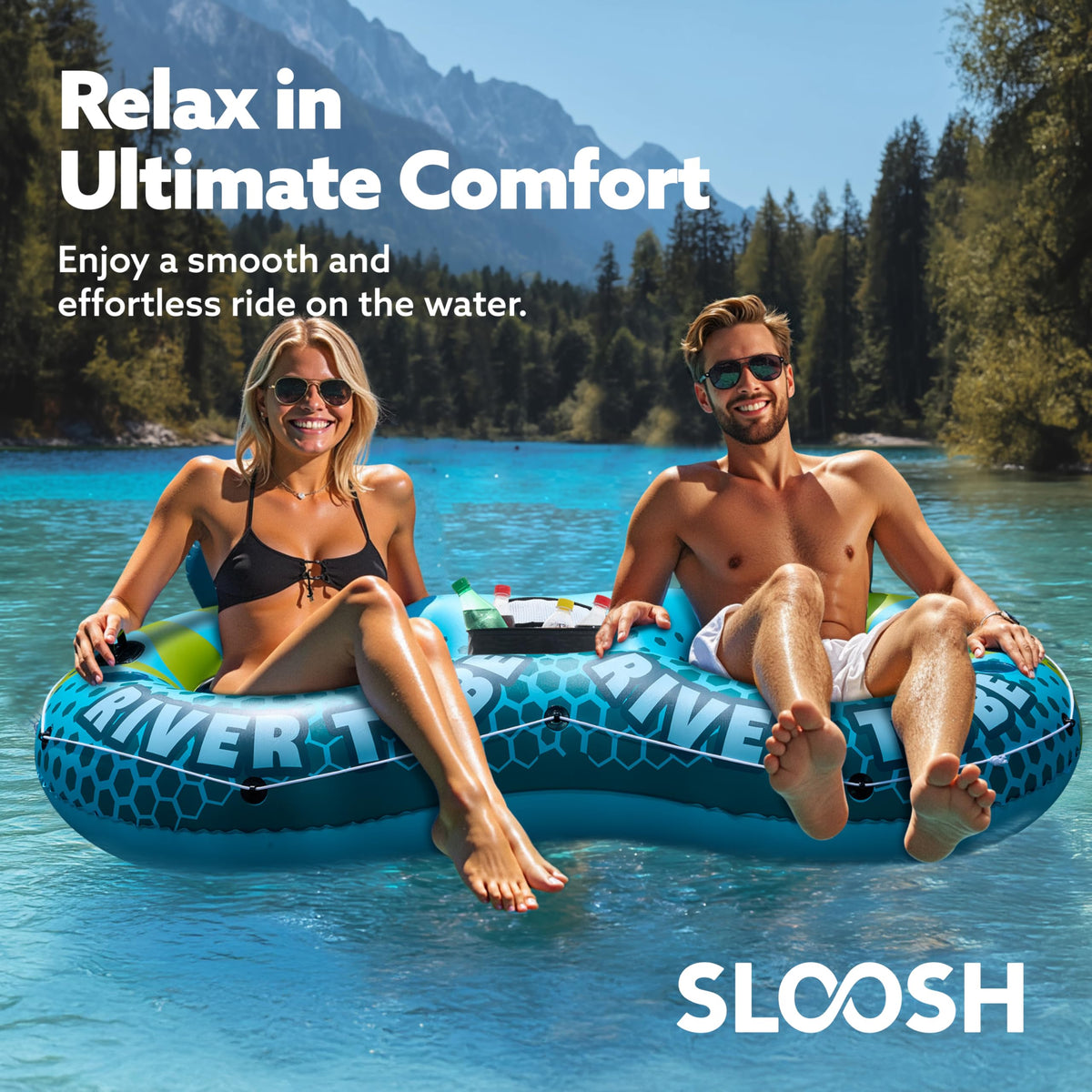 2-Person Inflatable River Tube with 2 Cup Holders & Removable Cooler C649